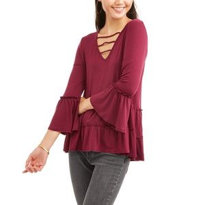 NWT Miss Chievous Juniors' Caged Ruffle Hem Bell Sleeve Peasant Blouse Medium